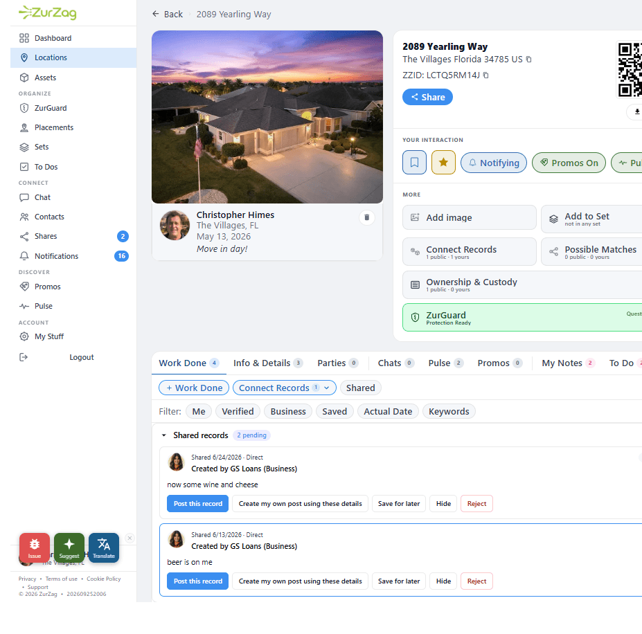 A home location record with photos, work history, and ZurGuard status